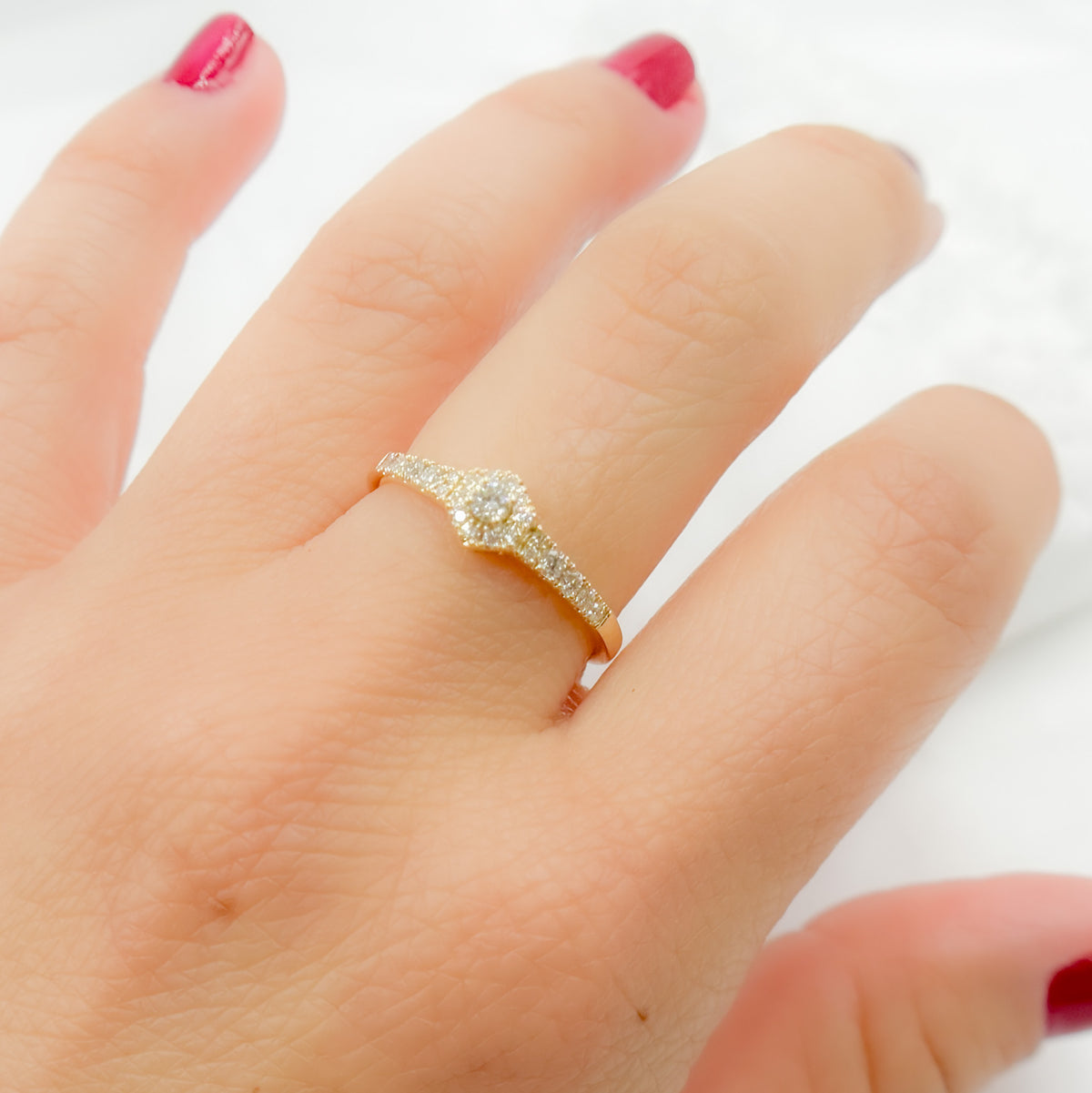 14K Solid Yellow Gold Diamond Hexagon Ring.