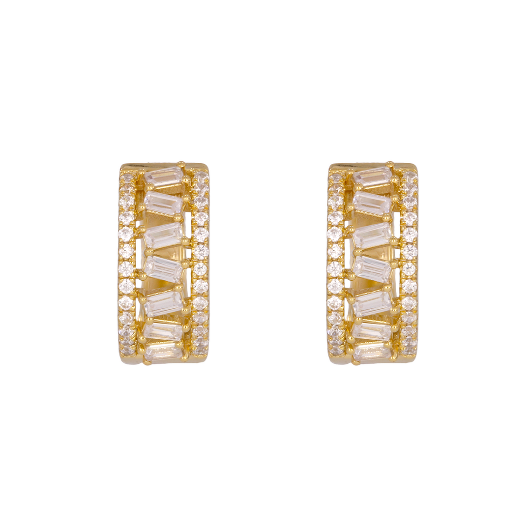 14K Solid Yellow Gold Diamond Baguette Huggie Hoop Earrings