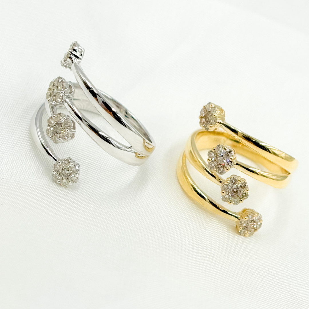 14k Solid Gold Spiral Diamond Flowers Ring.