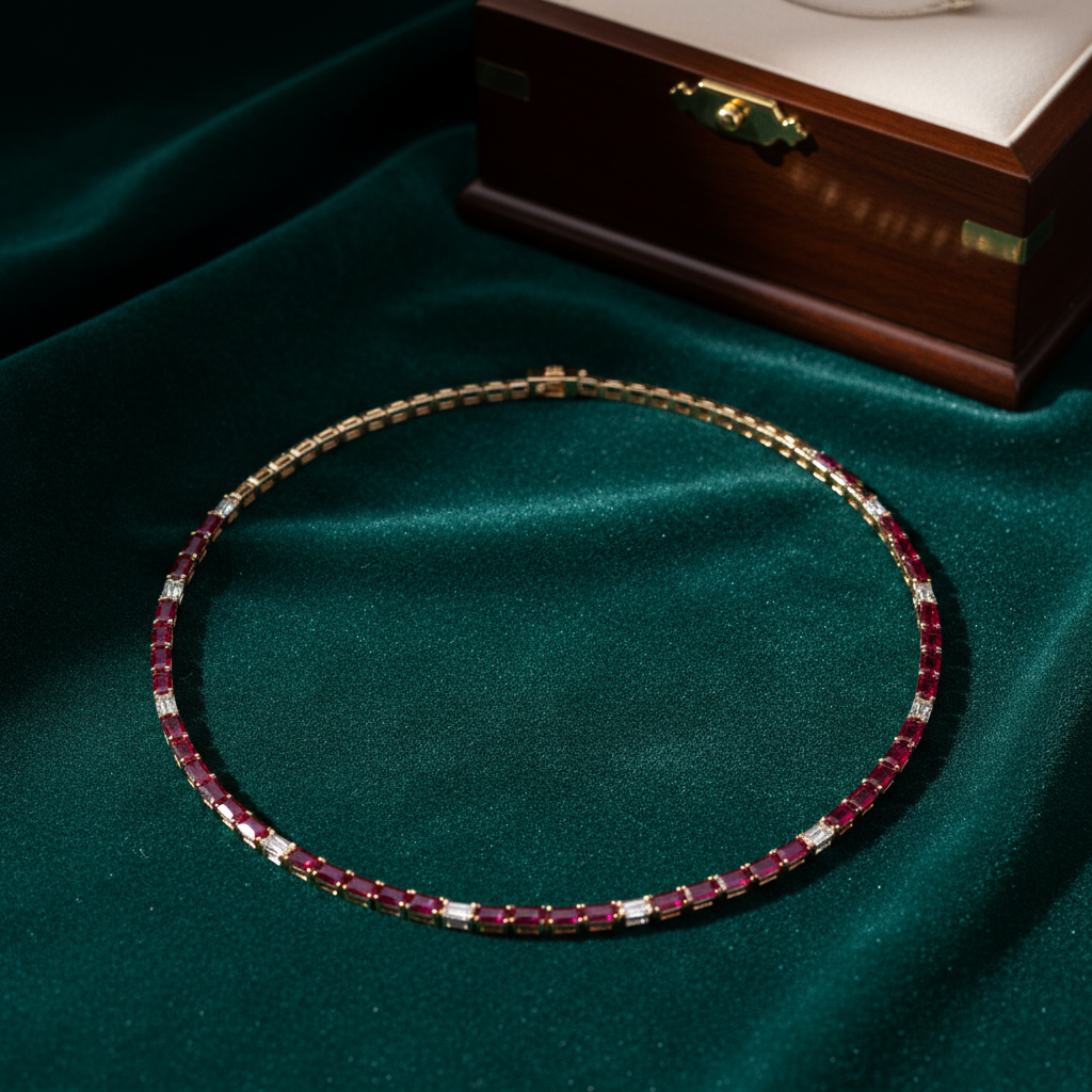 CN97276RU5X3. 14K Solid Gold Diamond and Ruby Tennis Necklace