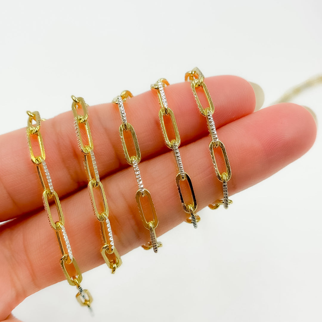 Z113GS. Two Tone Sterling Silver and Gold Plated Paperclip Textured Chain