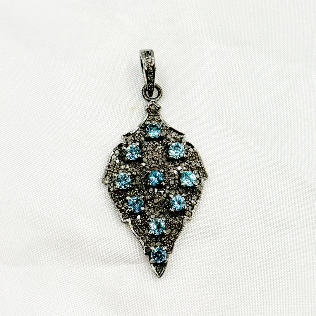 DSP038.  Diamond Sterling Silver Leaf Shape Pendant with Gemstones