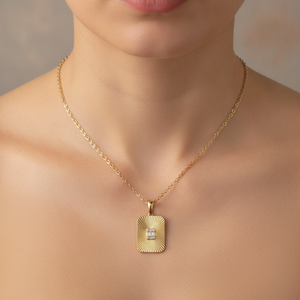 PFA33149. 14K Solid Gold Diamond Rectangle Necklace