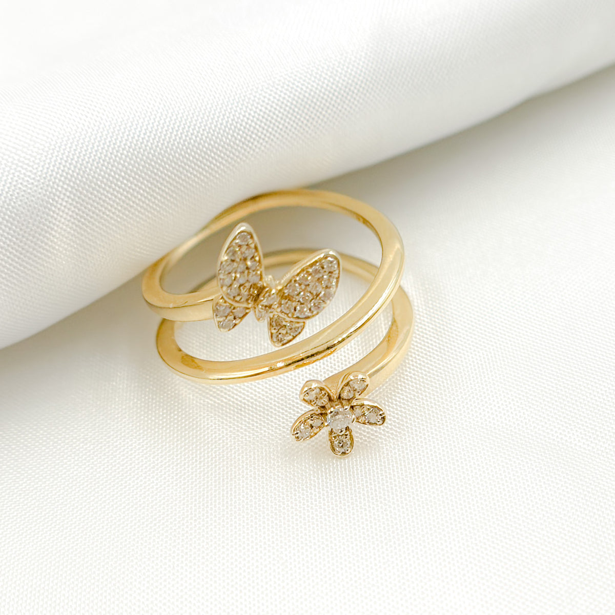 14K Solid Gold Yellow Butterfly and Flower Ring.