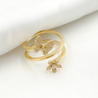 14K Solid Gold Yellow Butterfly and Flower Ring.