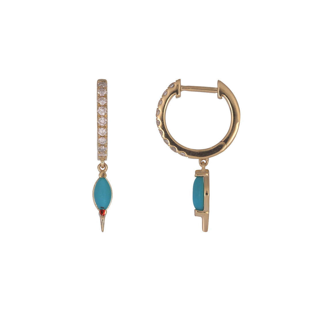 EFE54257TQ. 14K Solid Gold Petite Turquoise & Diamond Hoops