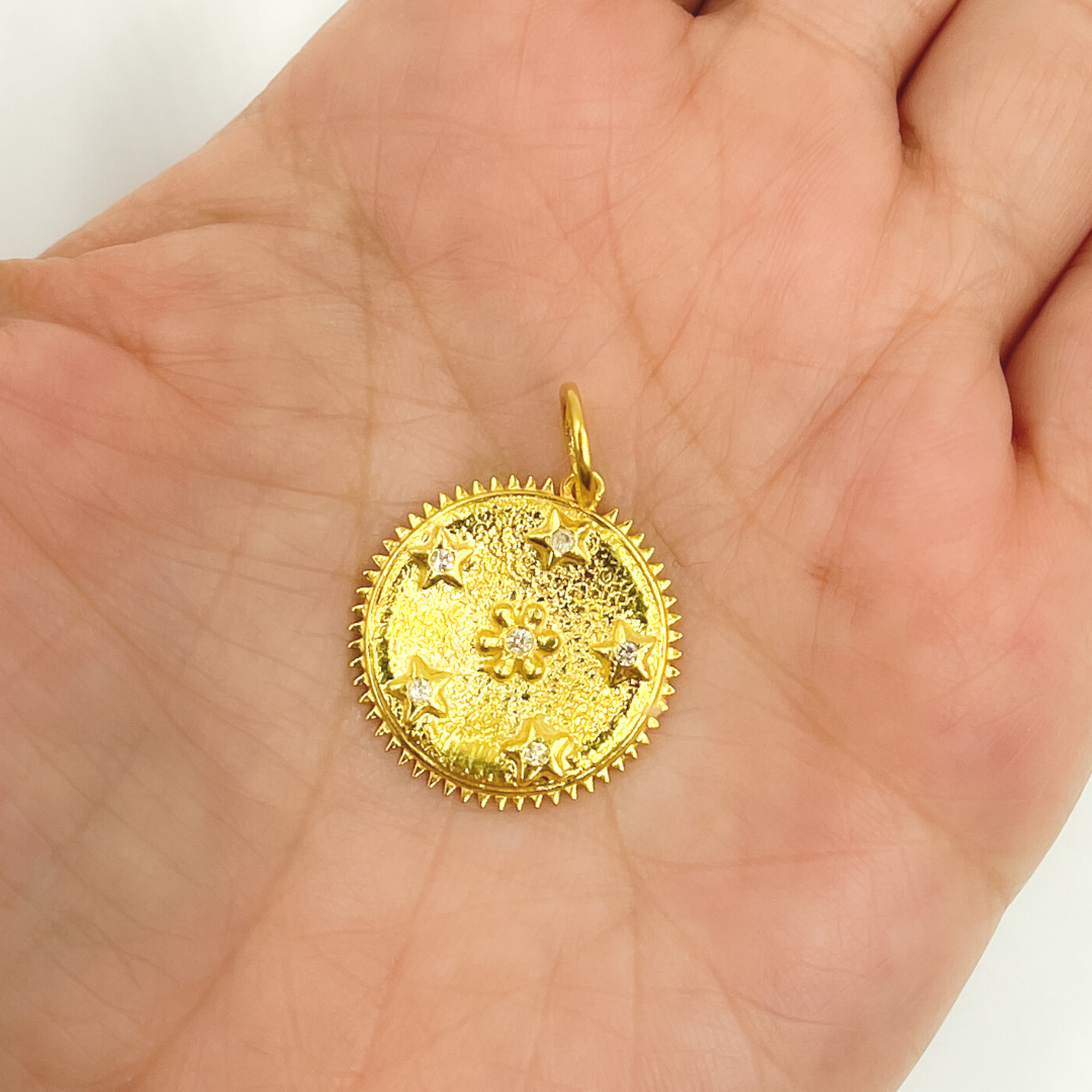 14K Solid Gold with Diamonds Circle Shape with Flowers & Stars Charm. KG26