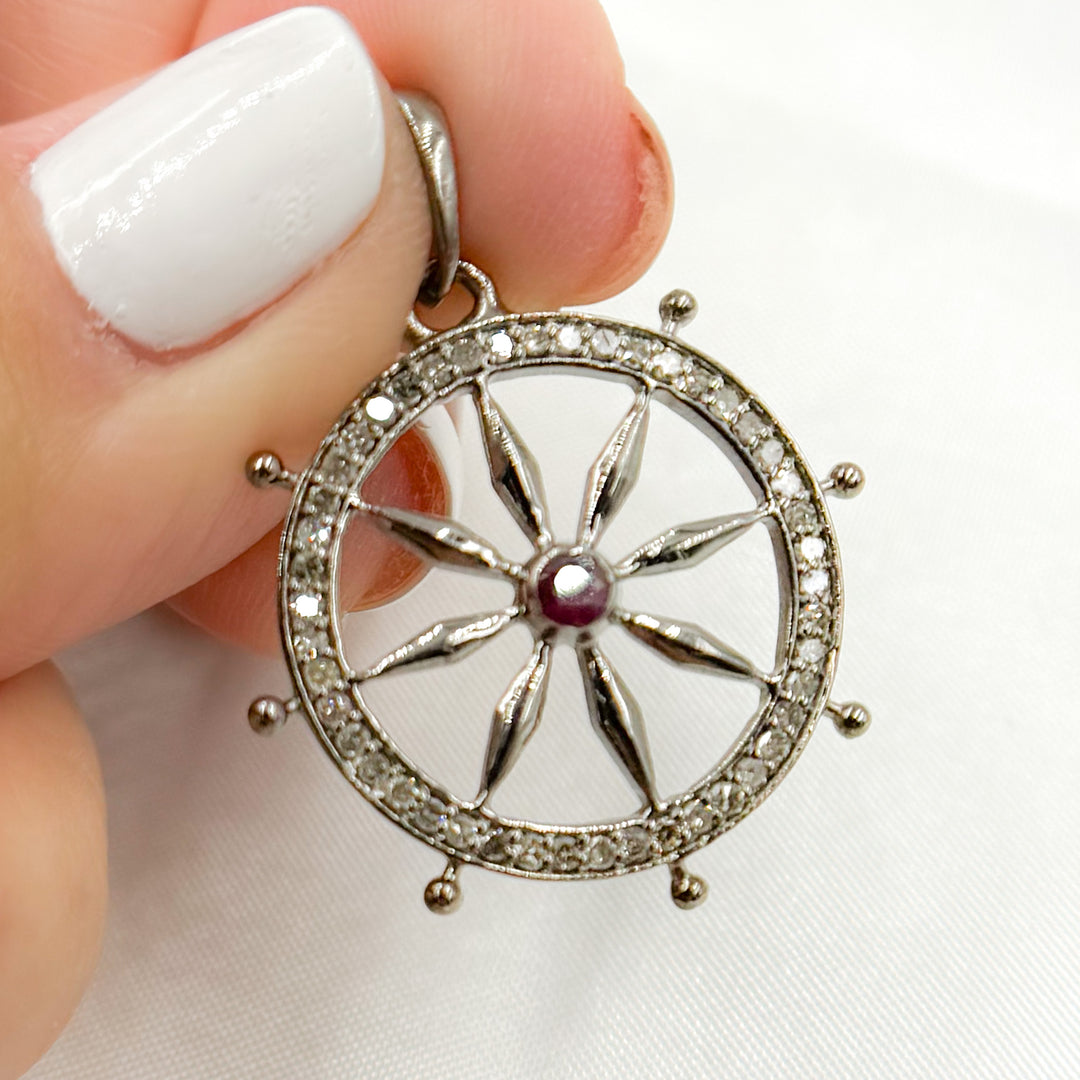 DP687. Diamond Sterling Silver Round Flower Pendant with Gemstone