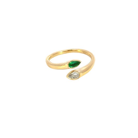 14k Solid Gold Emerald and Diamond Drops Ring.