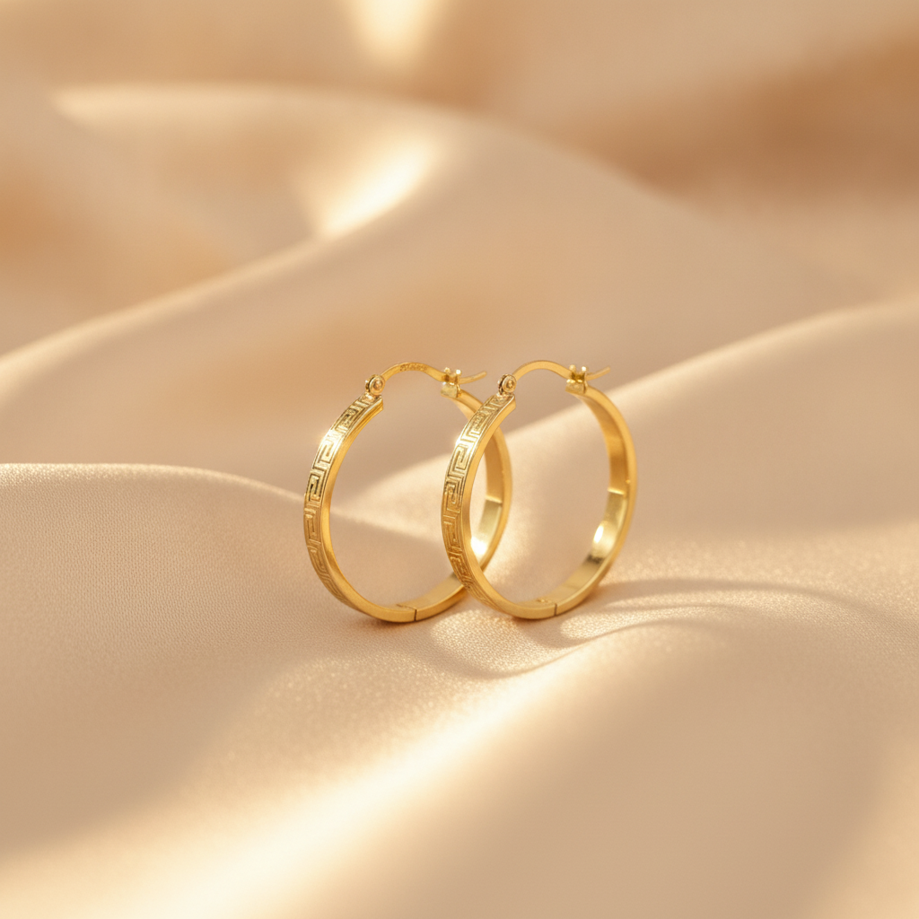 GER63. 14K Solid Gold Textured Flat Hollow Round Hoop Earrings
