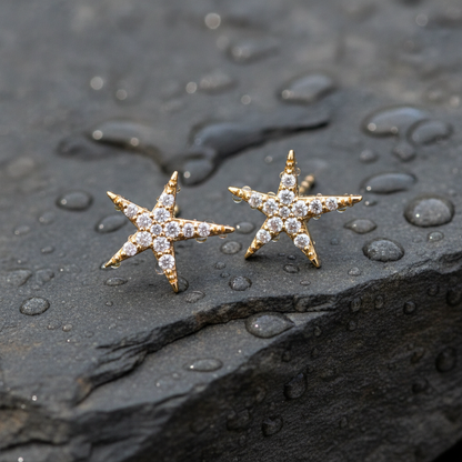 EFD54158. 14k Solid Gold Diamond Stars Stud Earrings