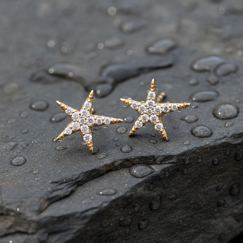 EFD54158. 14k Solid Gold Diamond Stars Stud Earrings