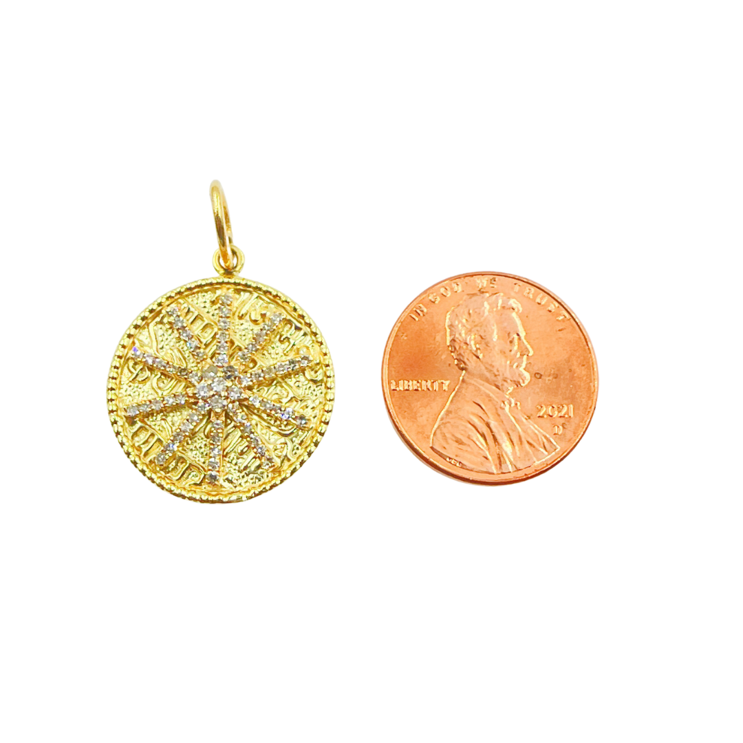 14K Solid Gold with Diamonds Circle Shape Charm with Star in the Center. KG27