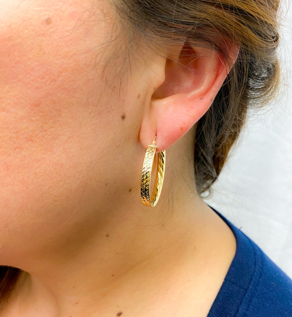 GER2. 14K Solid Gold Textured Hollow Hoops Earrings