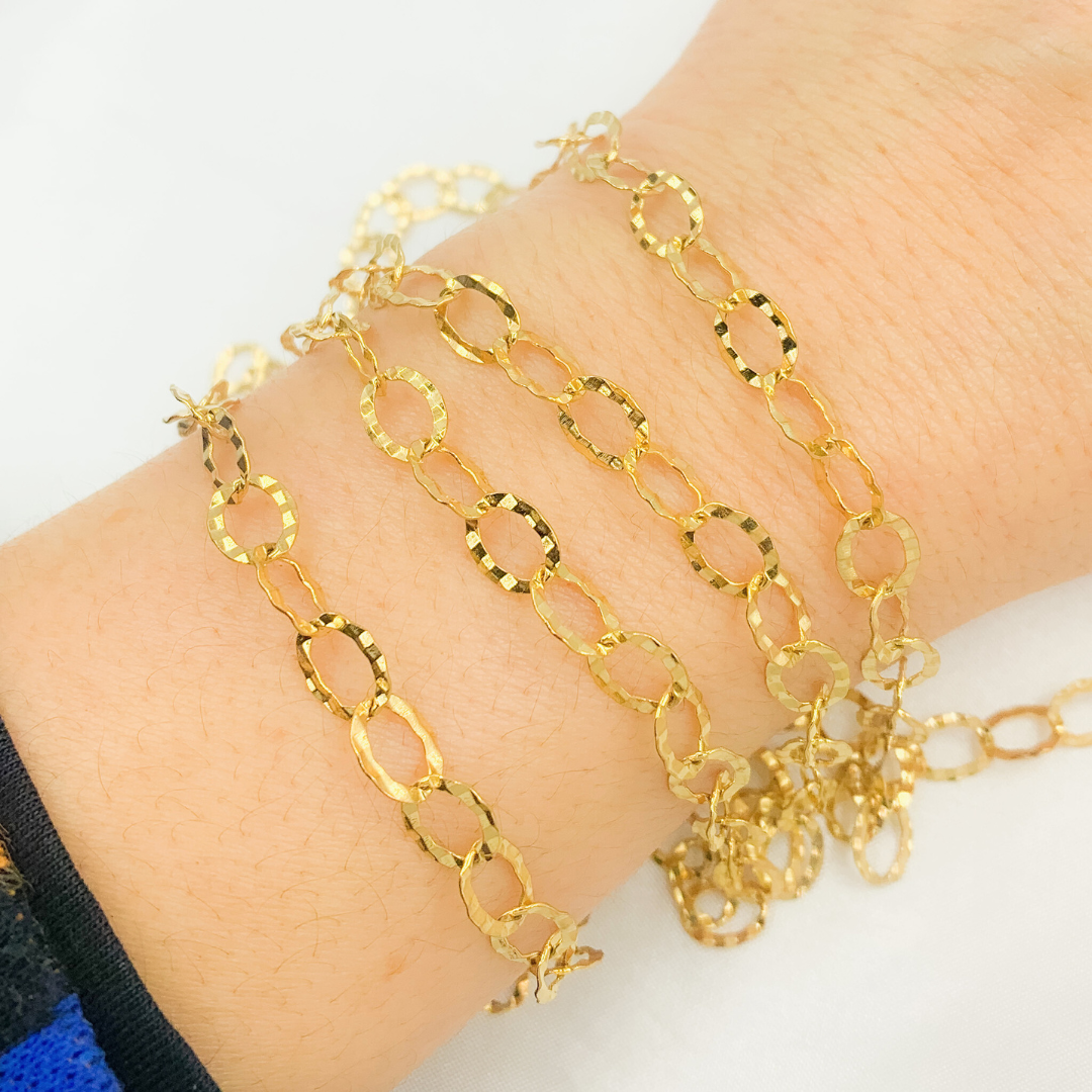 Gold Plated 925 Sterling Silver Hammered Round Link Chain