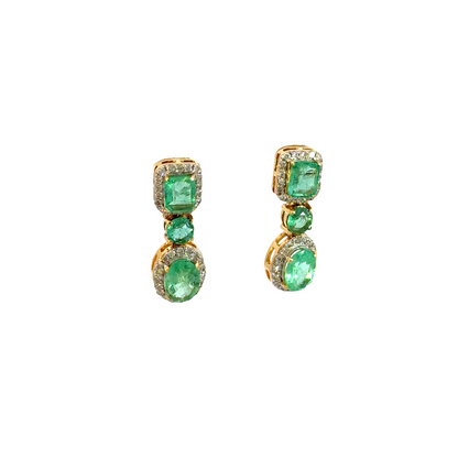 GDT502EM. 14k Solid Gold Diamond and Emerald Dangle Stud Earrings