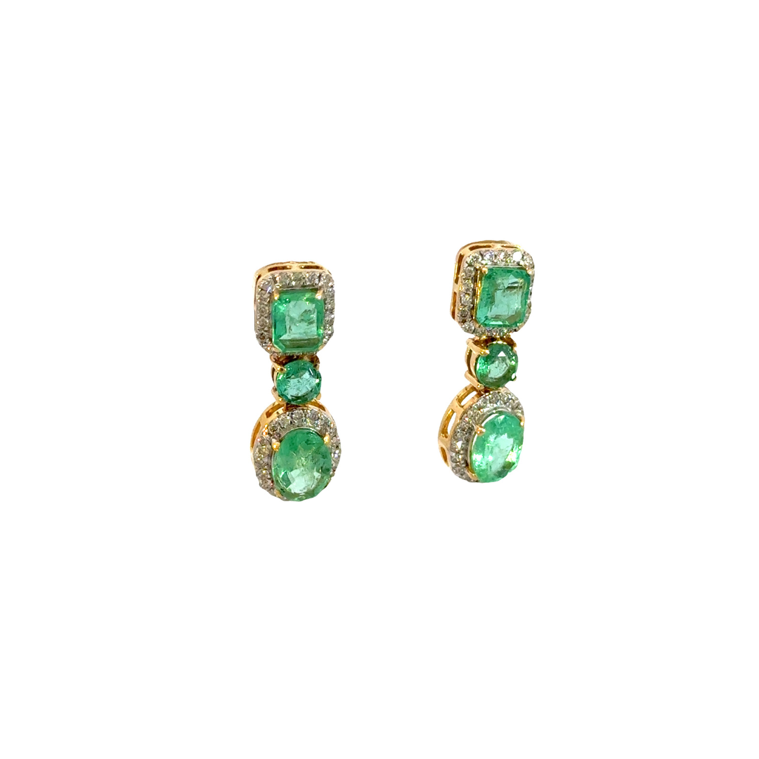 14k Solid Gold Diamond and Emerald Dangle Stud Earrings. GDT502EM