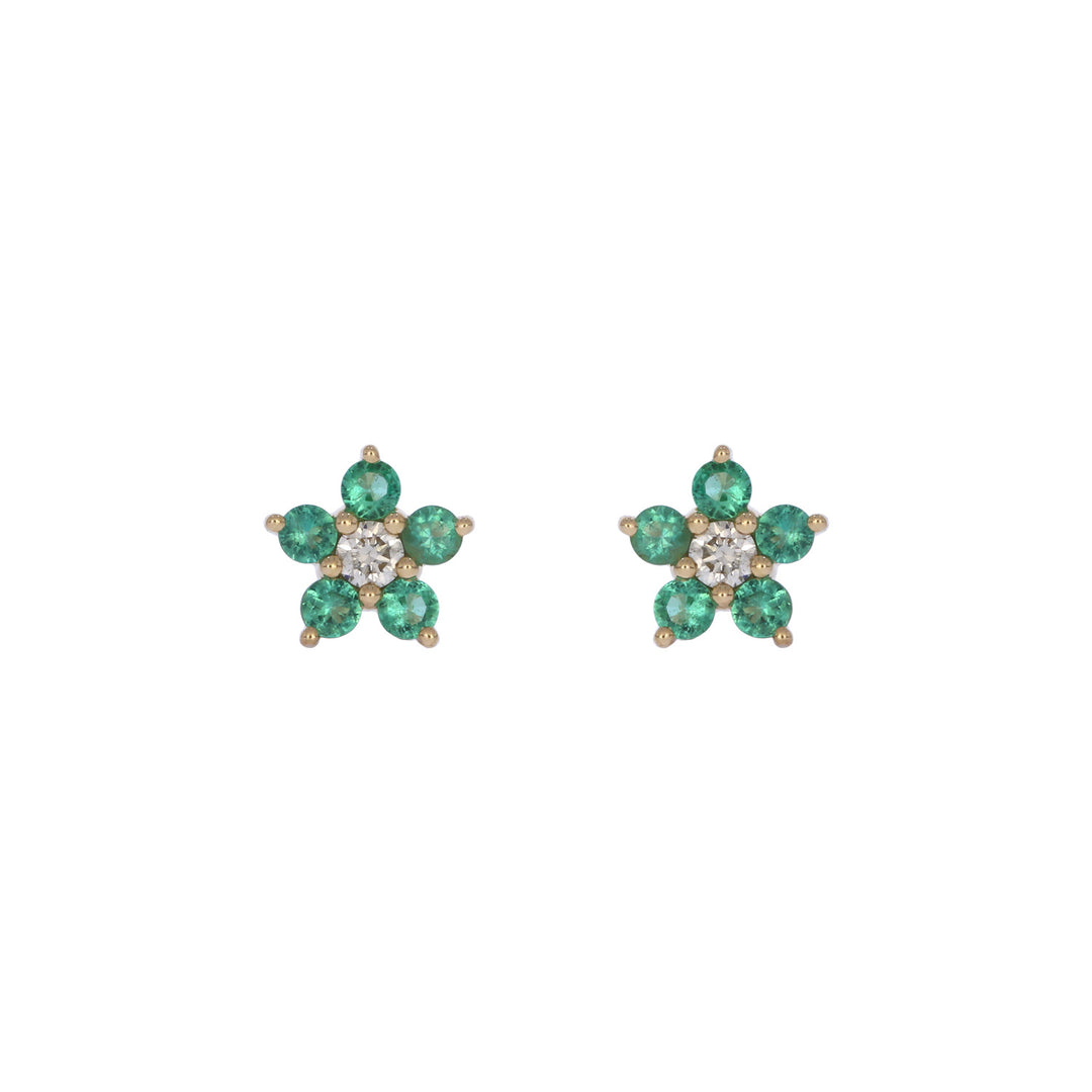 CE97507EM1.8. 14K Solid Gold Diamond and Emerald Flower Stud Earrings