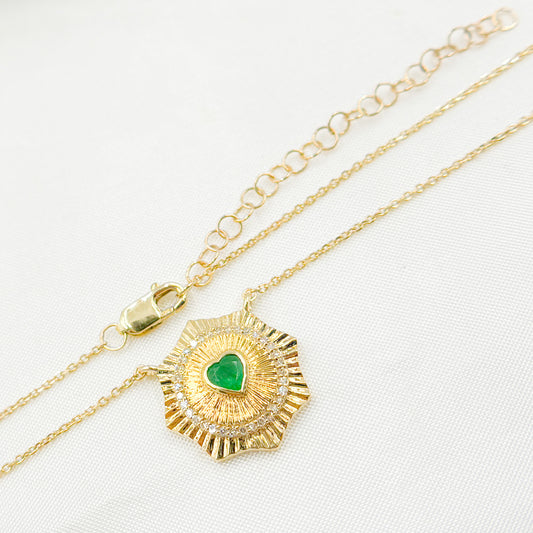 CN96235EM4. 14k Solid Gold Emerald Heart and Diamond Necklace