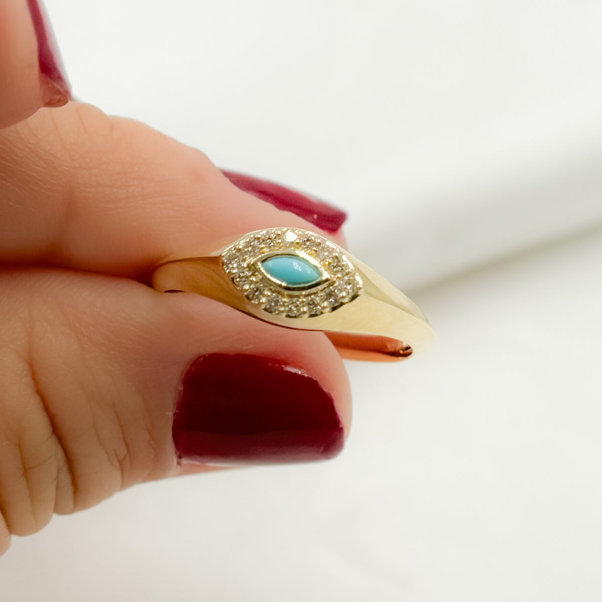 14K Solid Yellow Gold Diamond and Turquoise Eye Ring.