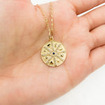 Load image into Gallery viewer, 14K Solid Gold Diamonds and Gemstone Circle Charm with Symbols and Evil Eye. GDP554
