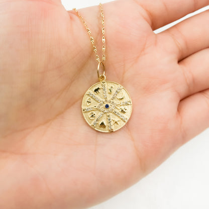 14K Solid Gold Diamonds and Gemstone Circle Charm with Symbols and Evil Eye. GDP554