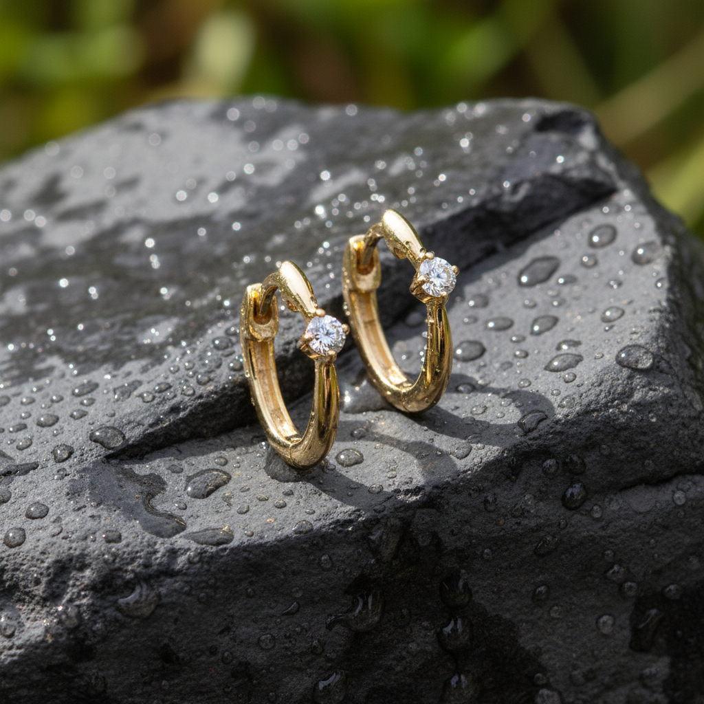 EHB56863. 14k Solid Yellow Gold Diamond Huggie Hoop Earrings