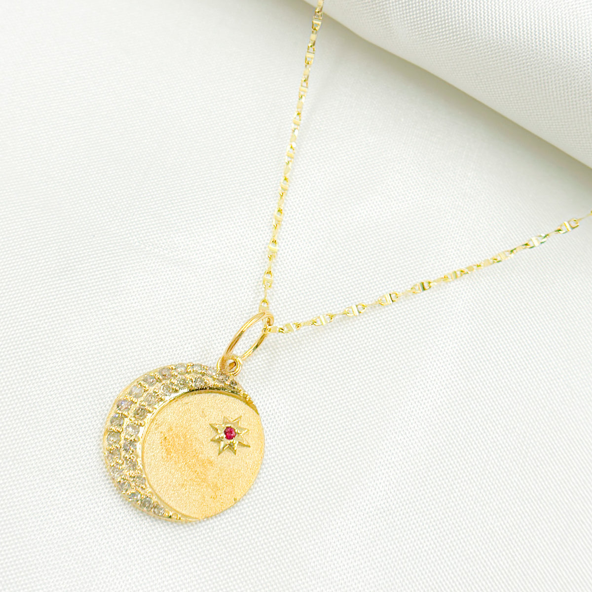 14k Solid Gold Diamond Moon and Star Circle Charm. GDP550