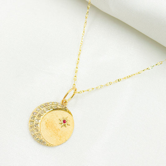 14k Solid Gold Diamond Moon and Star Circle Charm. GDP550