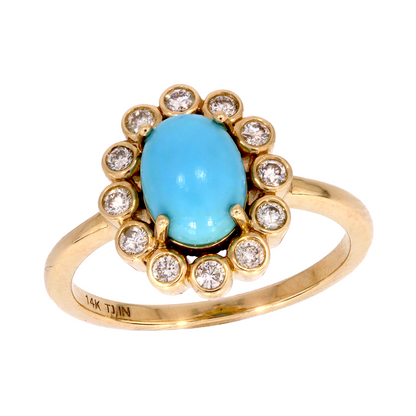 CR96845TQ8X6. 14K Solid Gold Antique Turquoise and Diamond Ring