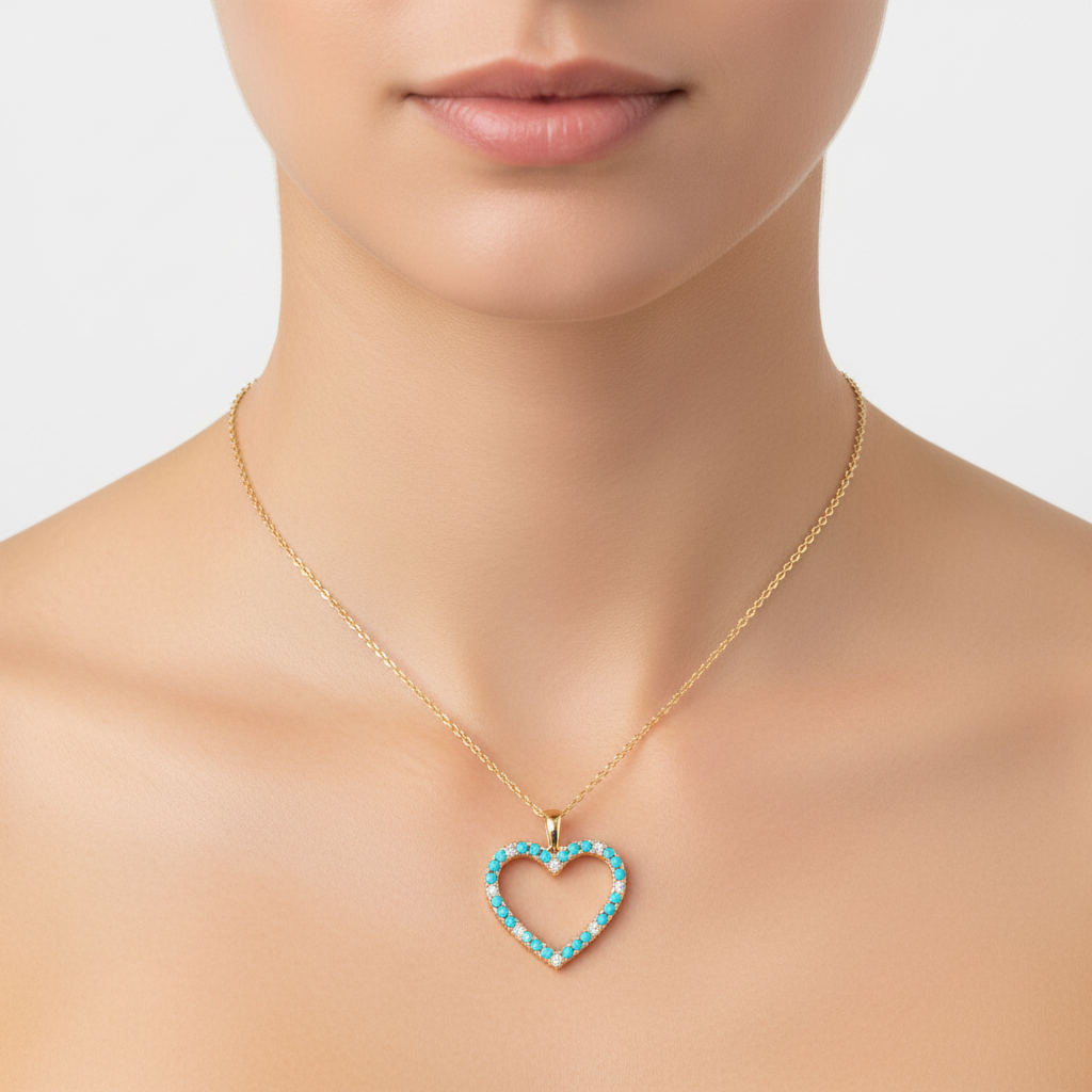 PHB38109TQ. 14K Solid Gold Diamond & Turquoise Heart Pendant