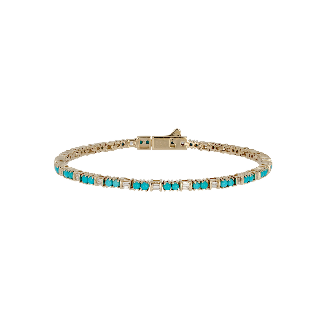 BTO65046TQ. 14K Solid Gold Diamond Baguette and Turquoise Fancy Bracelet