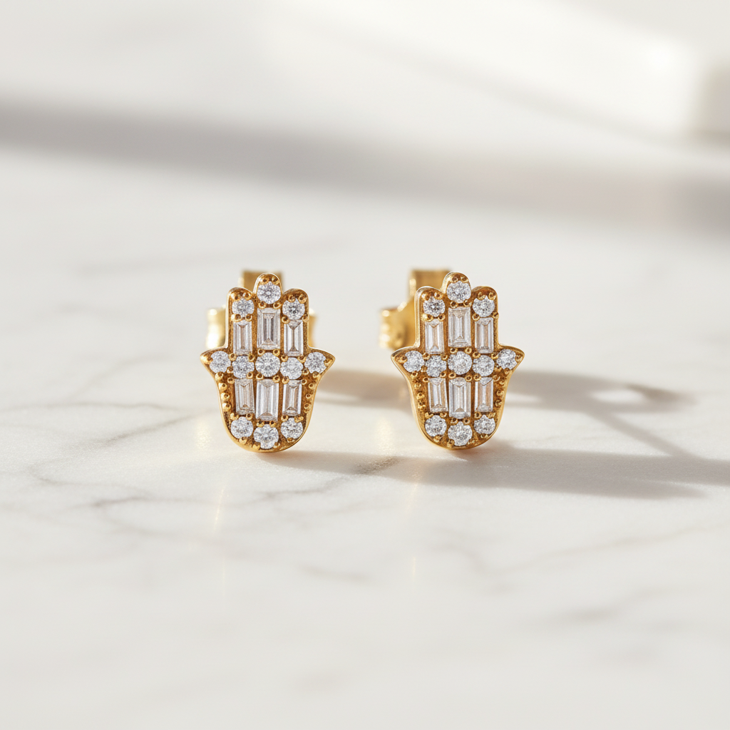 EFC54276. 14K Solid Gold Diamond Hamsa Hand Studs
