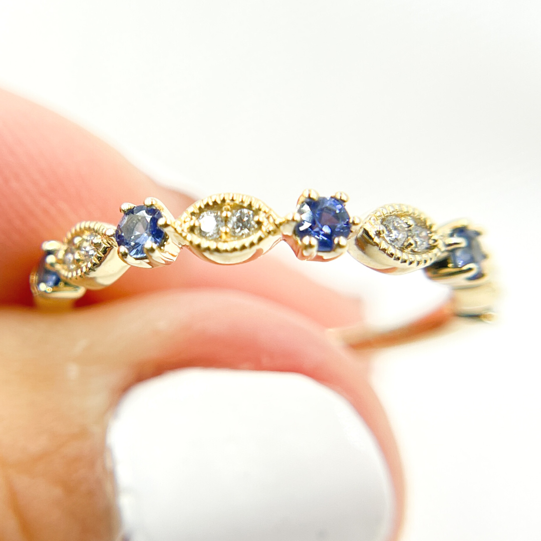 14K Solid Gold Diamond & Blue Sapphire Ring. RAE00536BS