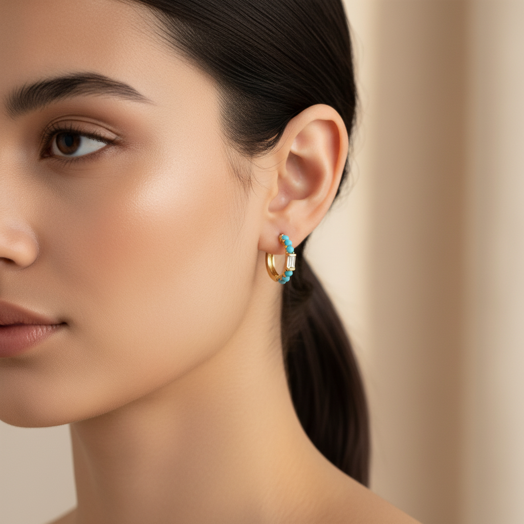EHE57441. 14K Solid Gold Diamonds and Gemstone Hoops