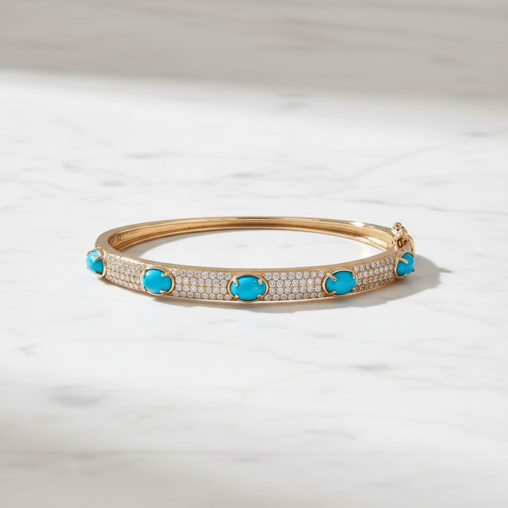 CB97356TQ6X4. 18K Solid Yellow Gold Turquoise and Diamond Fancy Bangle