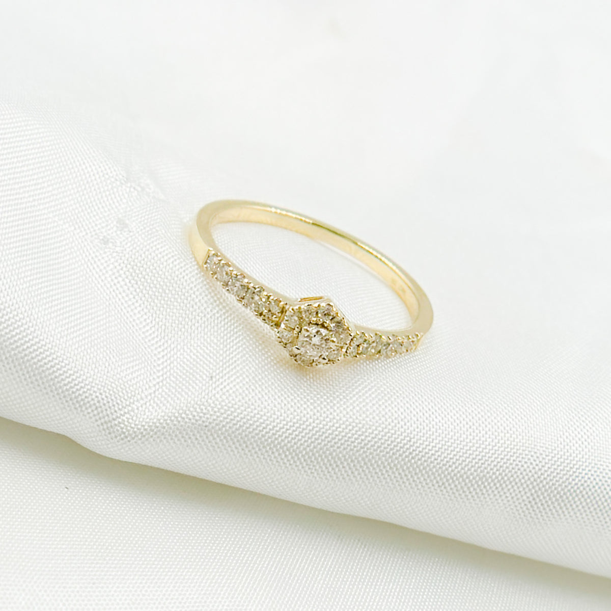 14K Solid Yellow Gold Diamond Hexagon Ring.