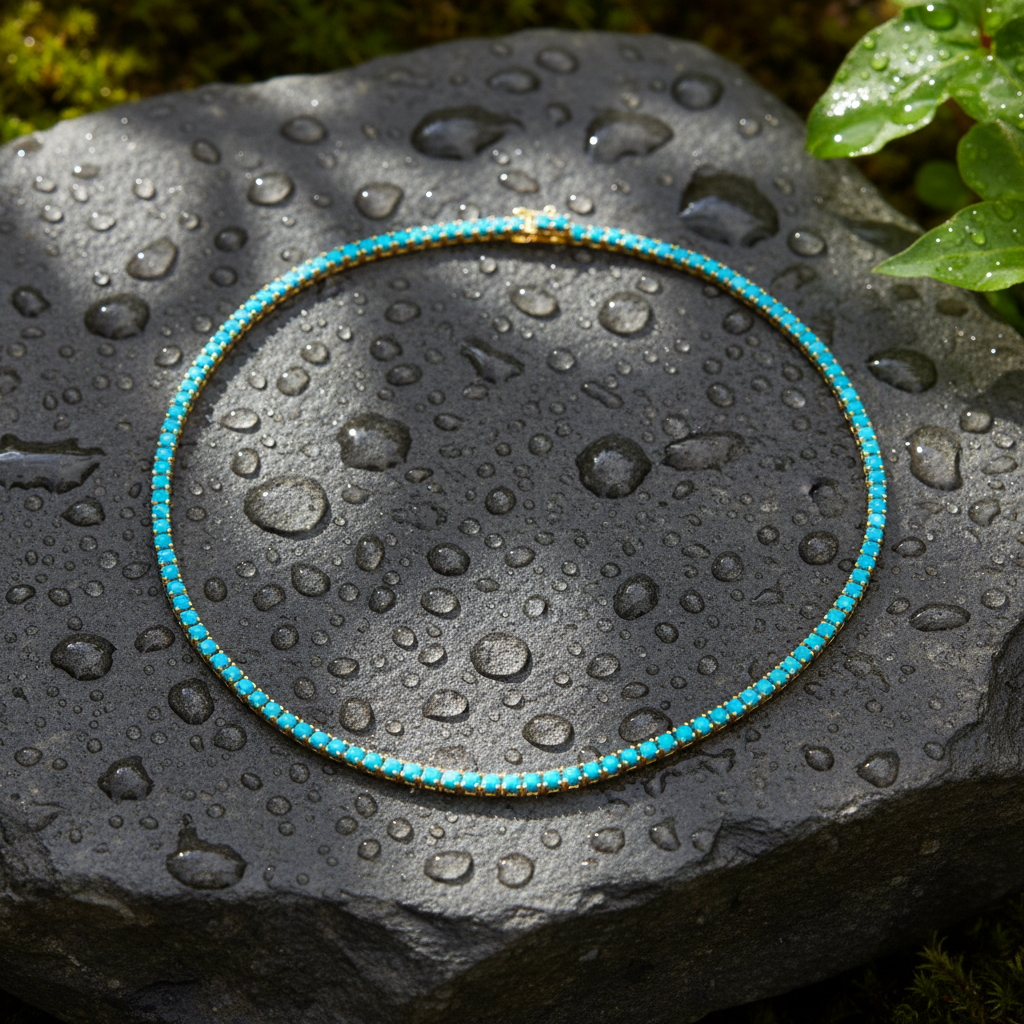 NFZ72747TQ. 14K Solid Gold Turquoise Tennis Necklace