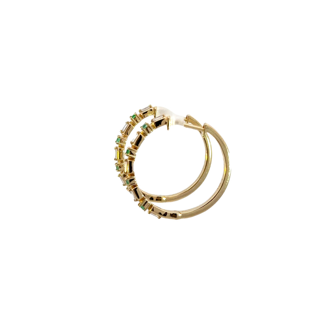 14k Solid Gold Diamond and Emerald Hoops. EHD56614EM