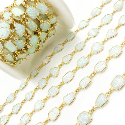 CWO16. White Opal Oval Shape Bezel Gold Plated Wire Chain