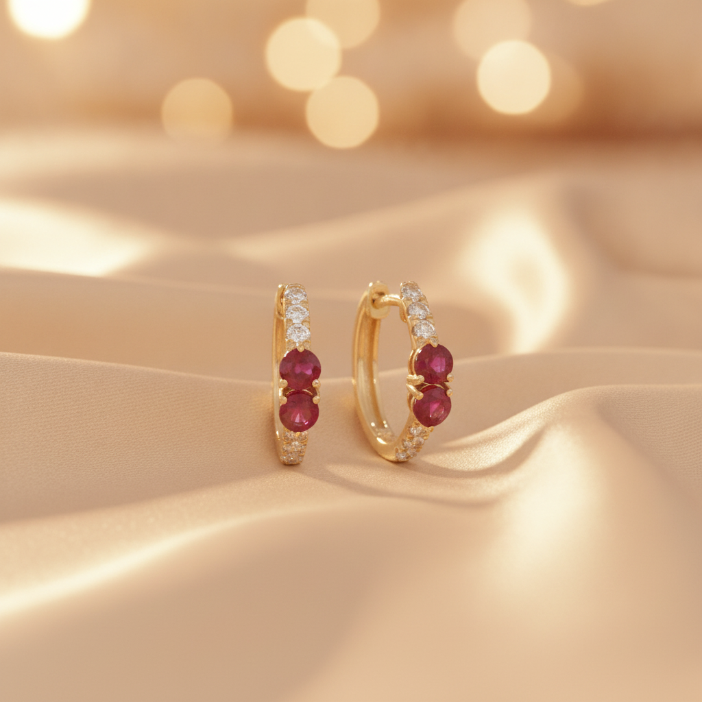 EHD57536RU. 14K Solid Yellow Gold Diamond & Ruby Huggie Earrings