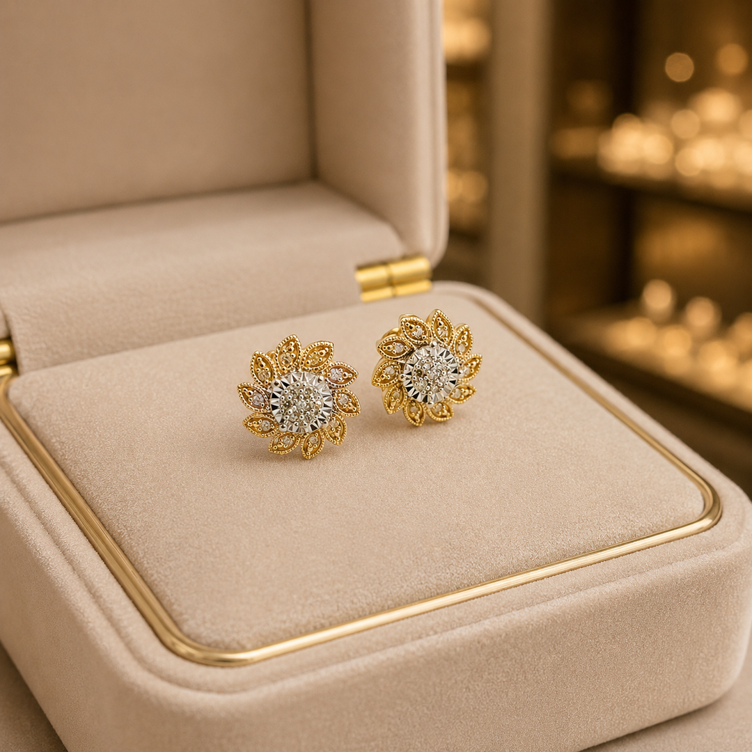 EFB51035. 14K Solid Gold and Diamonds Flower Earrings