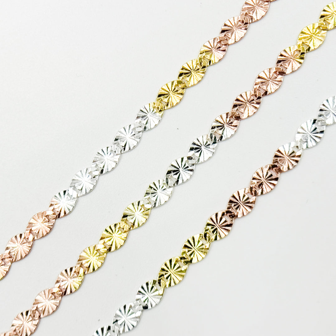 Z120GSR. White Silver, Gold Plated, and Rose Gold Plated Silver Diamond Cut Marina Chain