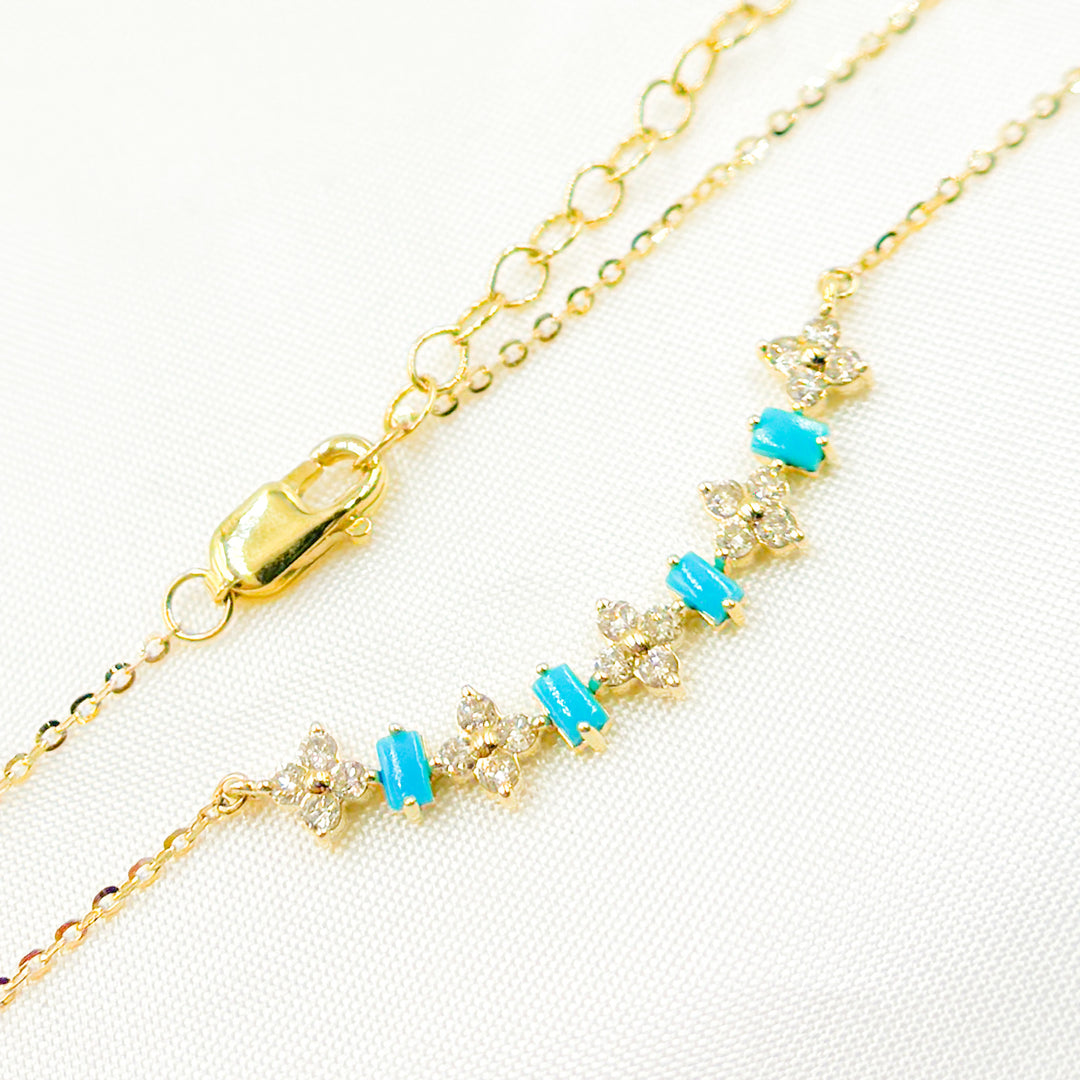 14K Solid Gold Diamond and Gemstone Flower & Baguette Necklace. NFE71566