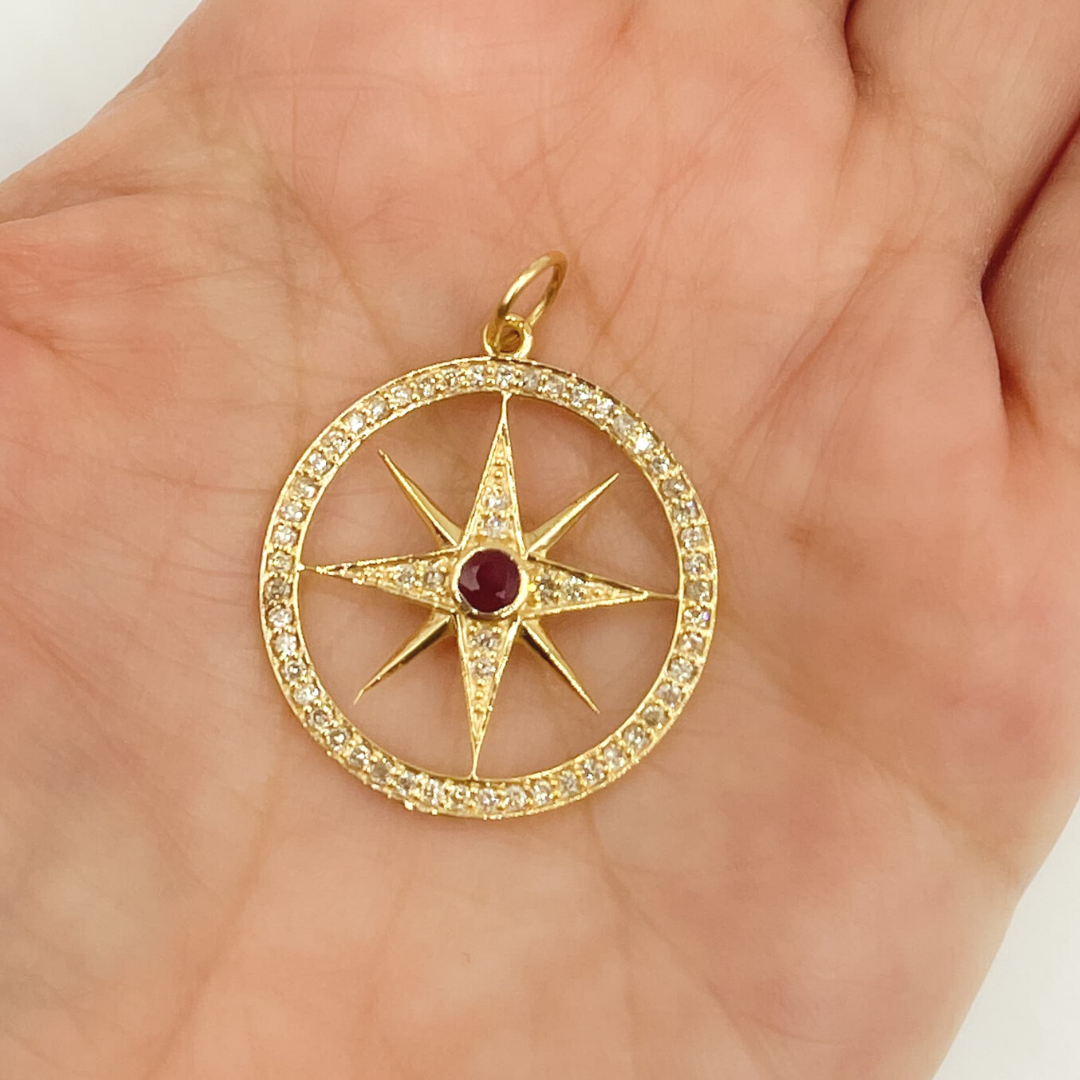GDP14. 14K Solid Gold Diamonds Round Star Charm