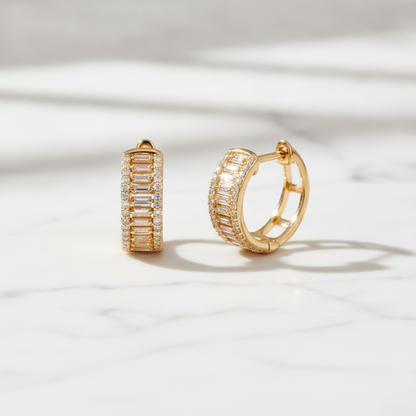 EHH57405. 14K Solid Gold Baguette Diamond Round Hoop