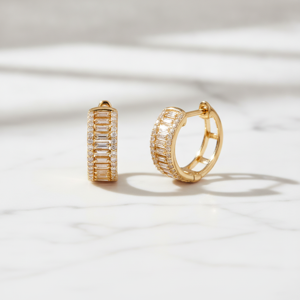 EHH57405. 14K Solid Gold Baguette Diamond Round Hoop