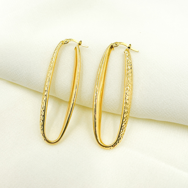 GER31. 14K Solid Gold Oval Texture Hoops