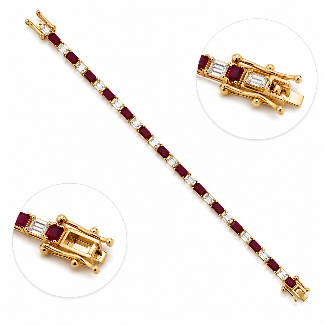 CB97274RU5X3. 14k Solid Gold Diamond and Pink Sapphire Tennis Bracelet