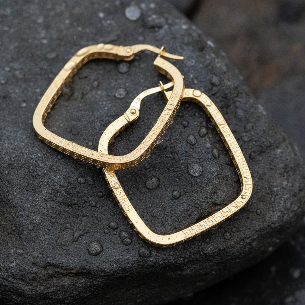 15850000415. 14K Solid Gold Textured Square Hollow Hoop Earrings
